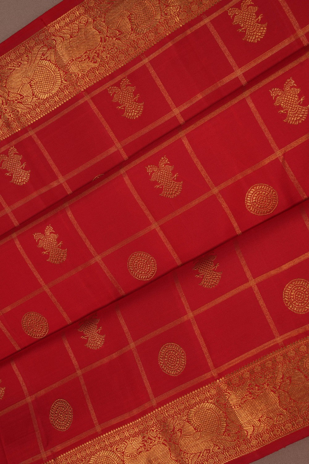 Image of Kanchipuram Silk Red Kattam Saree